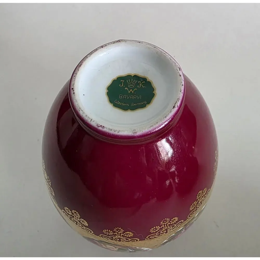 J.K.W Bavaria Western Germany Porcelain Vase Burgundy Gold Floral 5